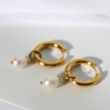 Load image into Gallery viewer, Pearl Gold Hoop Earrings
