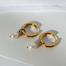 Load image into Gallery viewer, Pearl Gold Hoop Earrings
